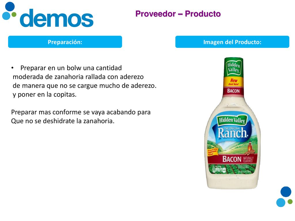 Proveedor – Producto Preparar en un bolw una cantidad