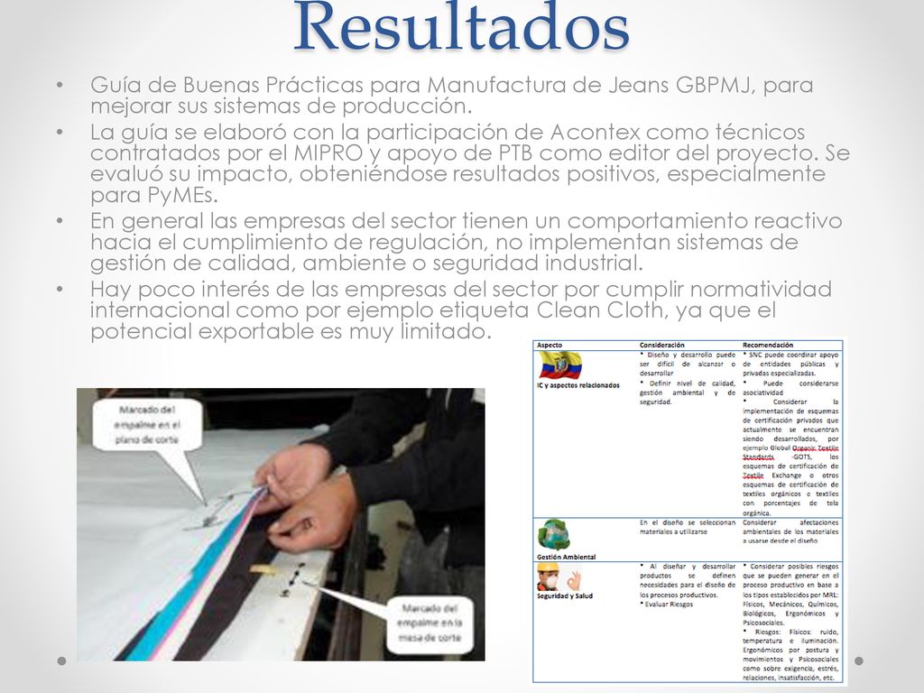 Resultados Guía de Buenas Prácticas para Manufactura de Jeans GBPMJ, para mejorar sus sistemas de producción.
