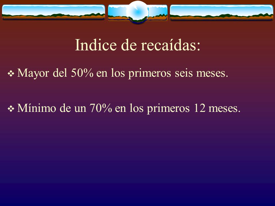 Indice de recaídas: Mayor del 50% en los primeros seis meses.