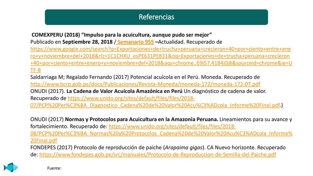 Referencias Comexperu (2018) Impulso para la acuicultura, aunque pudo ser mejor