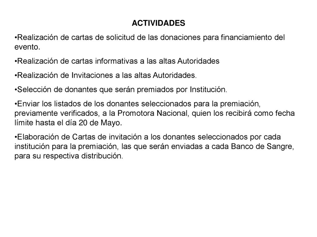 ACTIVIDADES Realización de cartas de solicitud de las donaciones para financiamiento del evento.