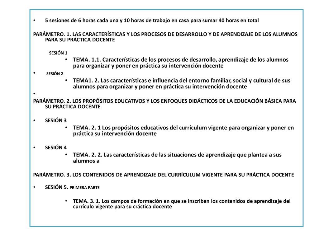 5 sesiones de 6 horas cada una y 10 horas de trabajo en casa para sumar 40 horas en total