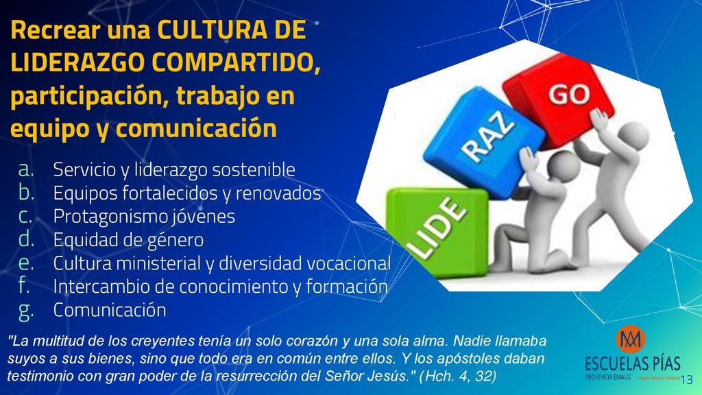 Recrear una cultura de liderazgo compartido, participación, trabajo en equipo y comunicación