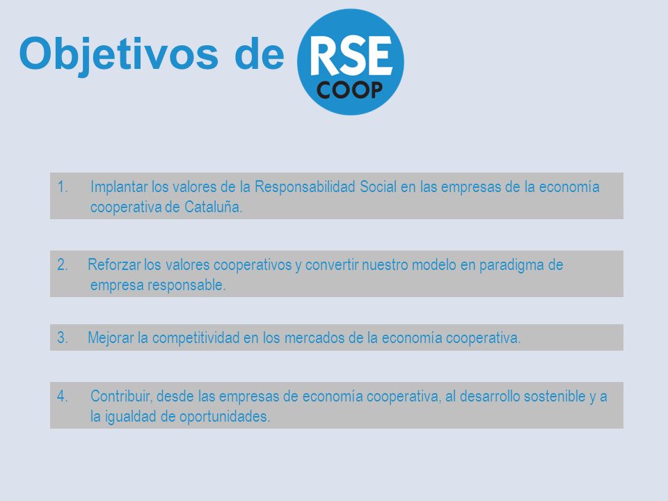 Objetivos de Implantar los valores de la Responsabilidad Social en las empresas de la economía cooperativa de Cataluña.