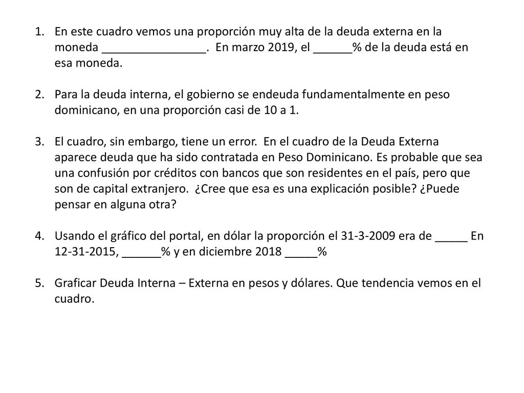 En este cuadro vemos una proporción muy alta de la deuda externa en la moneda ________________. En marzo 2019, el ______% de la deuda está en esa moneda.