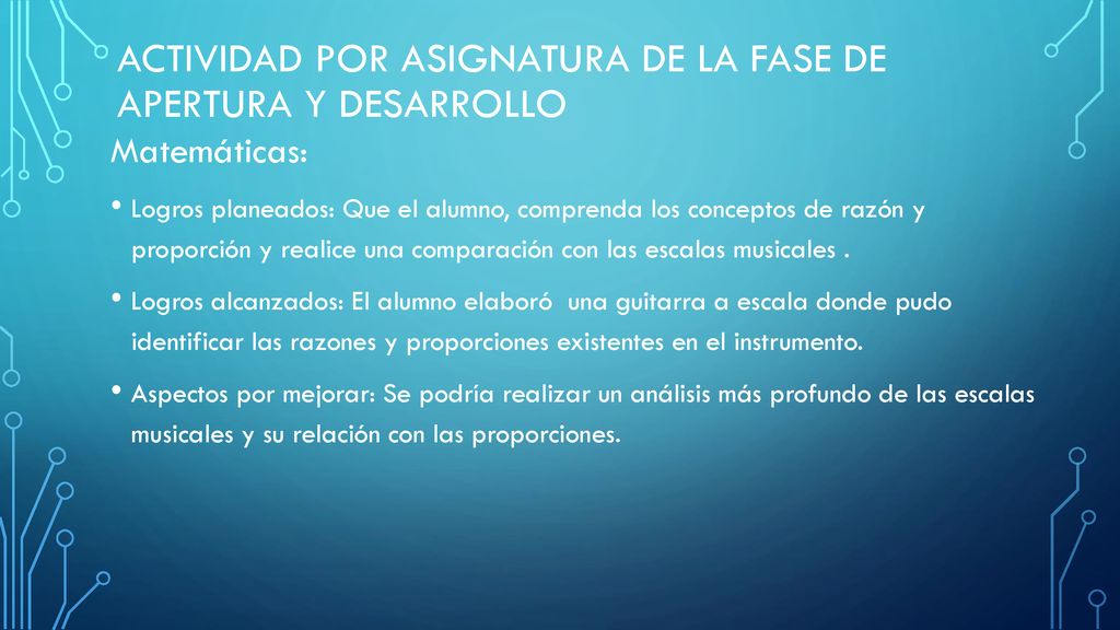 Actividad por asignatura de la fase de apertura y desarrollo