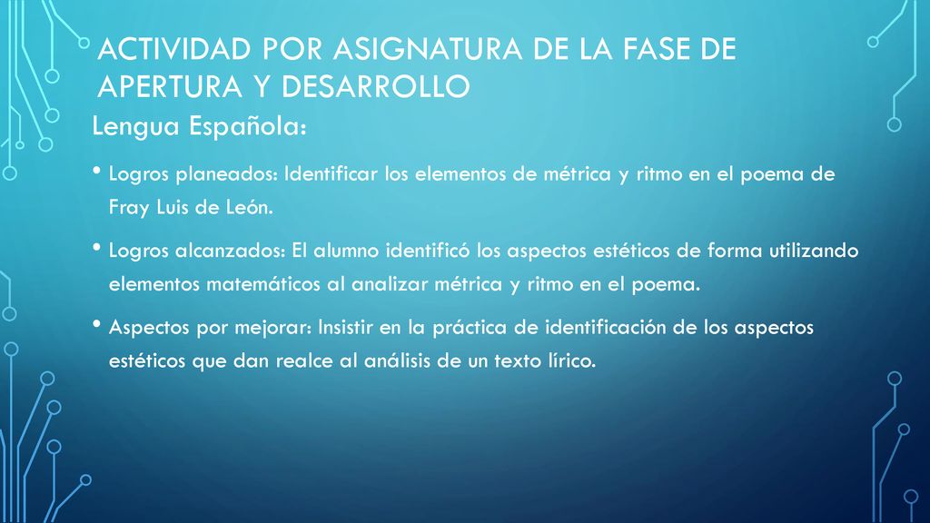 Actividad por asignatura de la fase de apertura y desarrollo