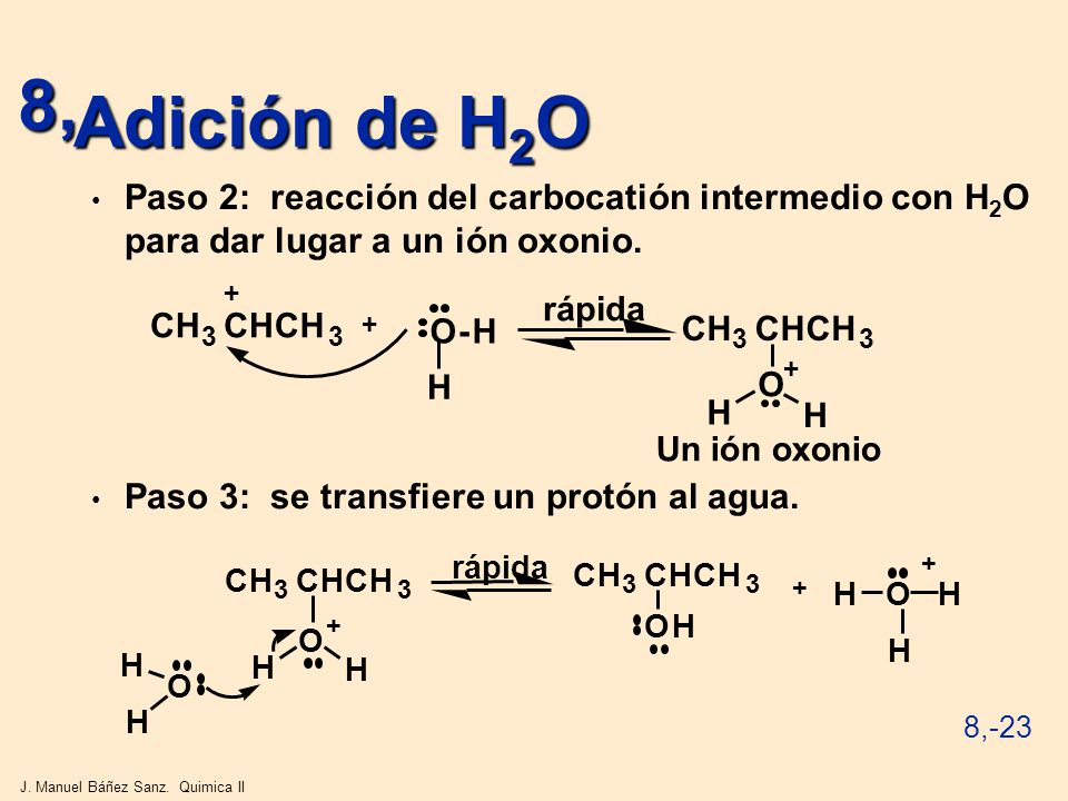 Adición de H2O Paso 2: reacción del carbocatión intermedio con H2O para dar lugar a un ión oxonio.
