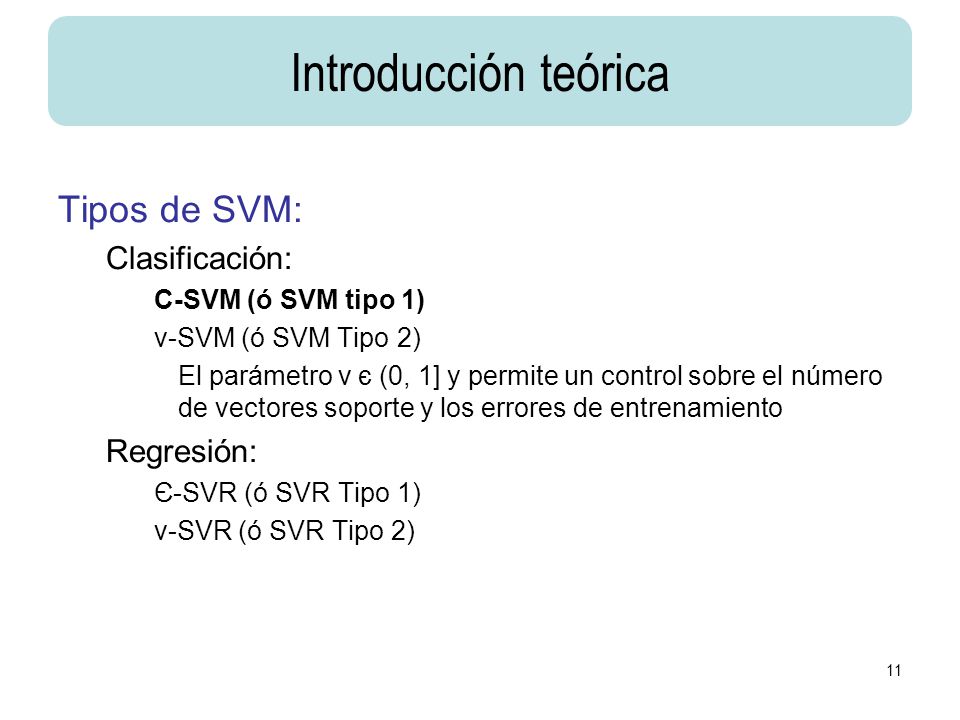 Introducción teórica Tipos de SVM: Clasificación: Regresión: