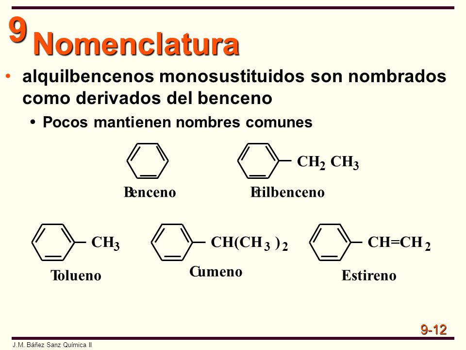 Nomenclatura alquilbencenos monosustituidos son nombrados como derivados del benceno. Pocos mantienen nombres comunes.