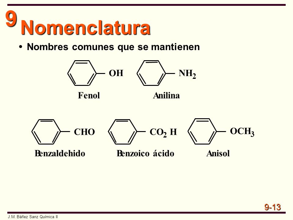 Nomenclatura Nombres comunes que se mantienen Fenol A nilina B