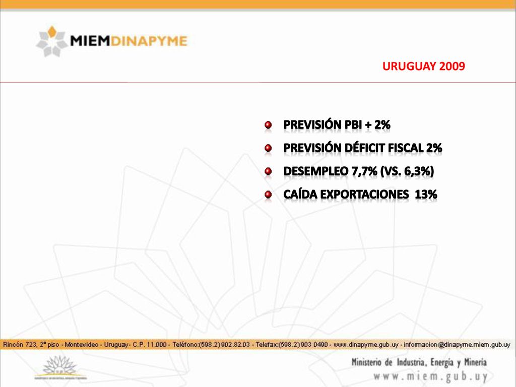 URUGUAY 2009 Previsión PBI + 2% Previsión déficit fiscal 2% Desempleo 7,7% (VS.