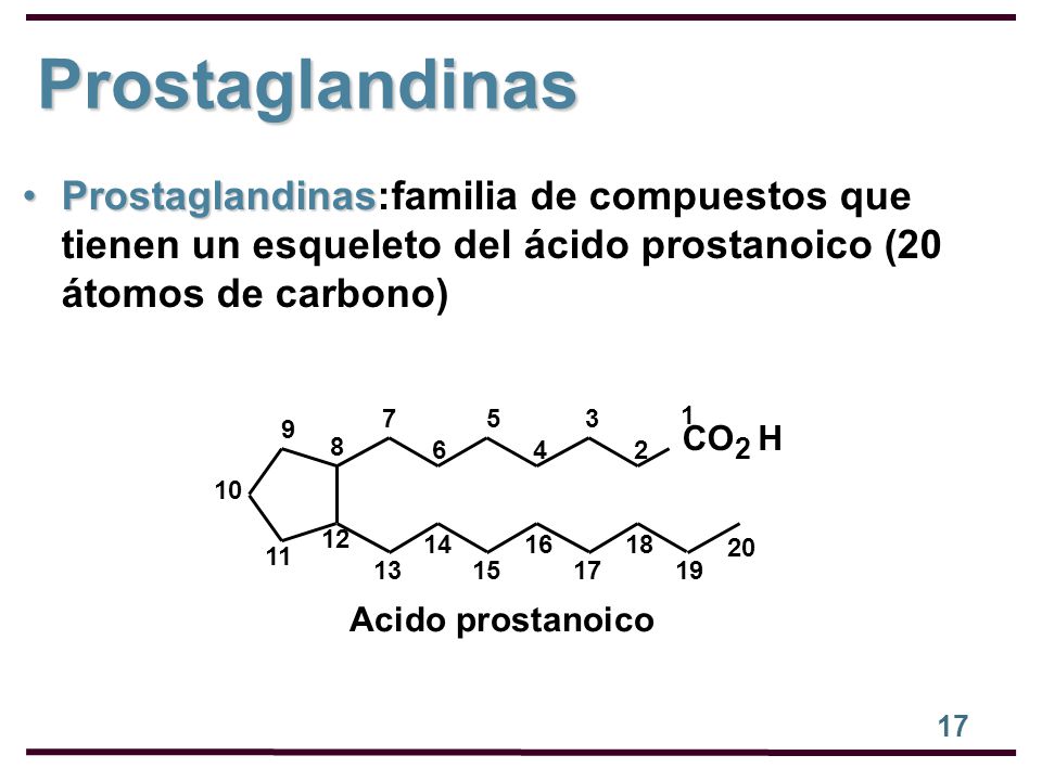 Prostaglandinas Prostaglandinas:familia de compuestos que tienen un esqueleto del ácido prostanoico (20 átomos de carbono)‏