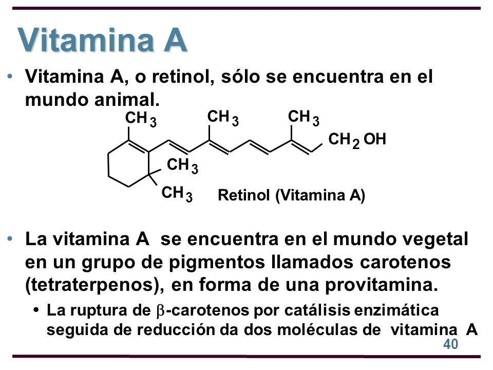 Vitamina A Vitamina A, o retinol, sólo se encuentra en el mundo animal.