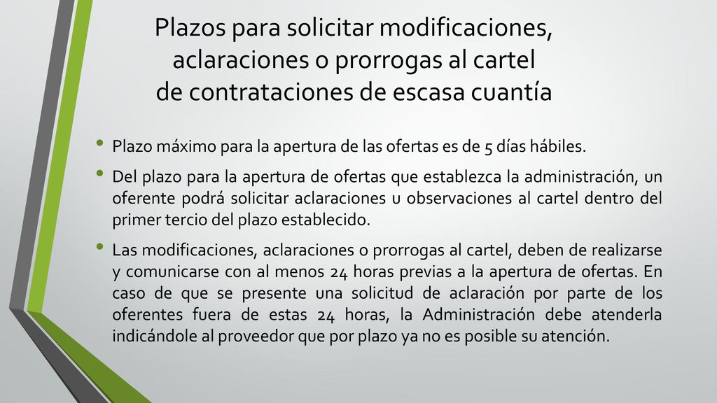 Plazos para solicitar modificaciones, aclaraciones o prorrogas al cartel de contrataciones de escasa cuantía