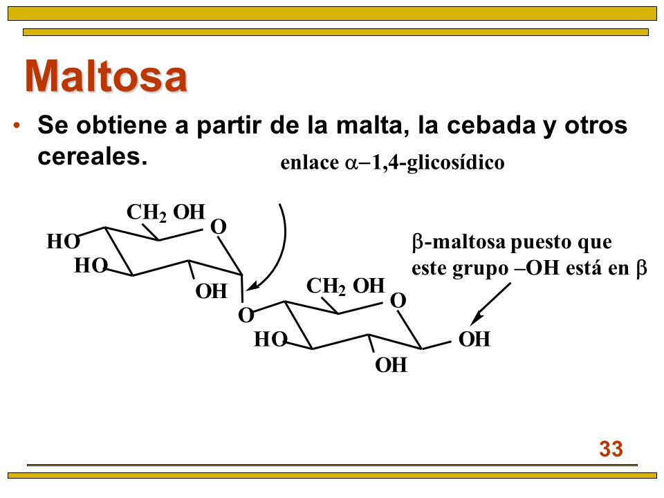 Maltosa Se obtiene a partir de la malta, la cebada y otros cereales.