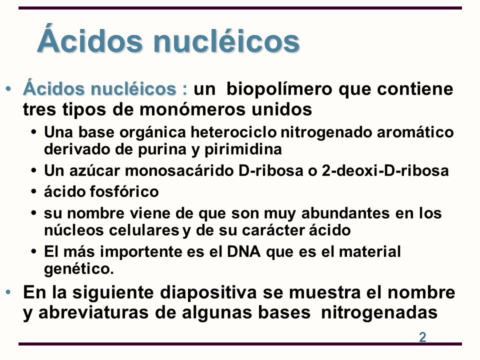 Ácidos nucléicos Ácidos nucléicos : un biopolímero que contiene tres tipos de monómeros unidos.