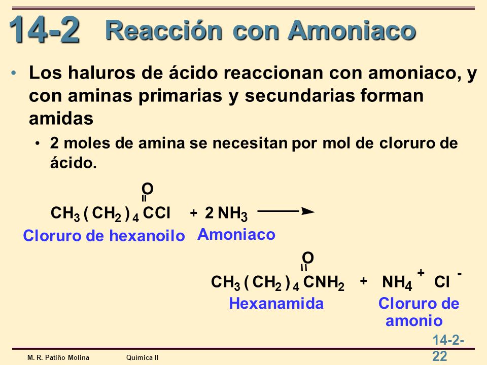 Reacción con Amoniaco Los haluros de ácido reaccionan con amoniaco, y con aminas primarias y secundarias forman amidas.