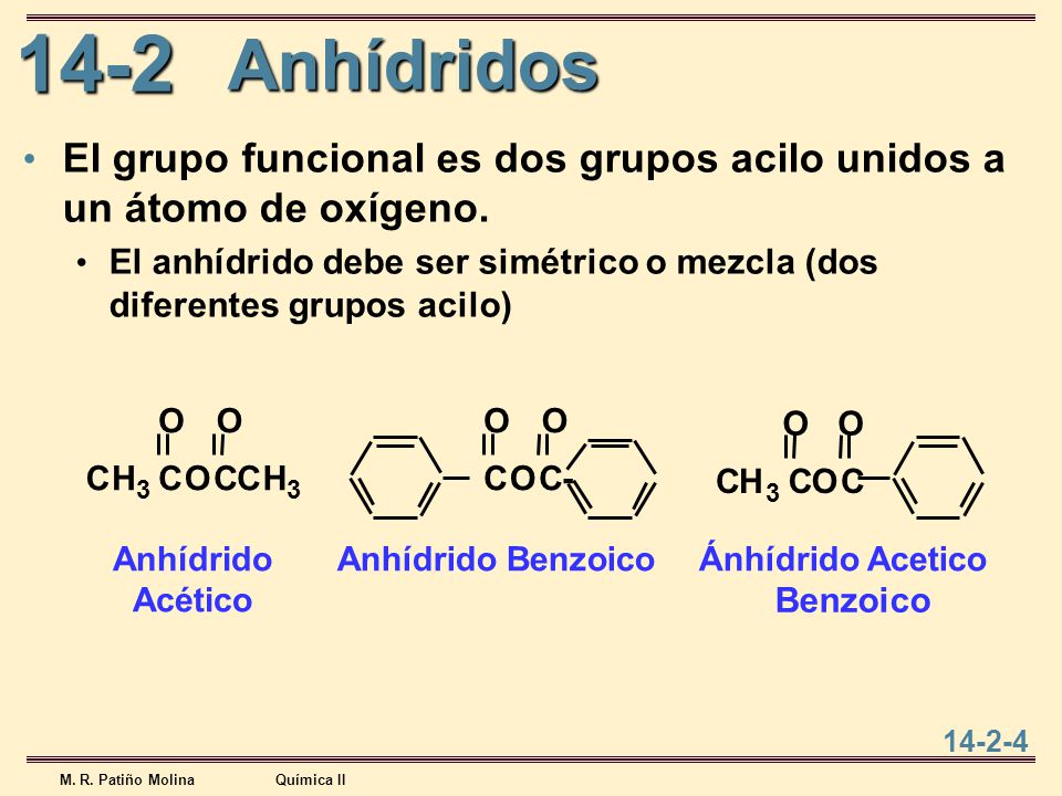 Anhídridos El grupo funcional es dos grupos acilo unidos a un átomo de oxígeno.