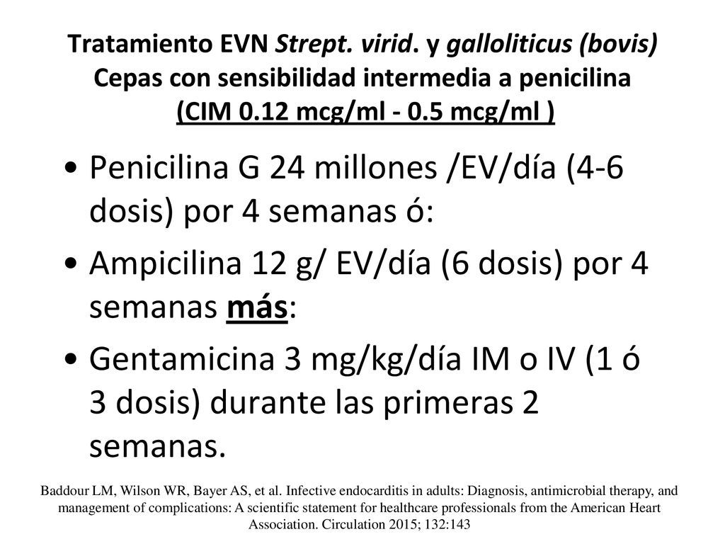 Penicilina G 24 millones /EV/día (4-6 dosis) por 4 semanas ó: