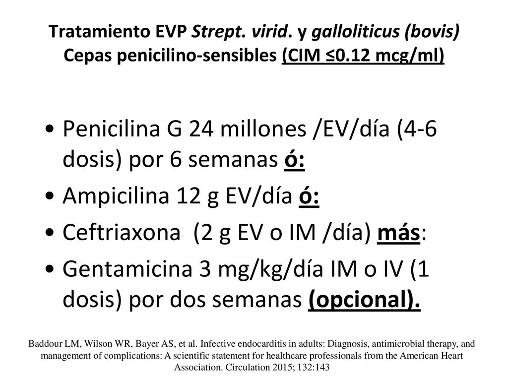 Penicilina G 24 millones /EV/día (4-6 dosis) por 6 semanas ó: