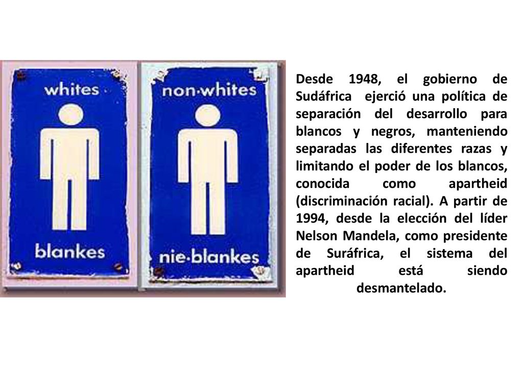 Desde 1948, el gobierno de Sudáfrica ejerció una política de separación del desarrollo para blancos y negros, manteniendo separadas las diferentes razas y limitando el poder de los blancos, conocida como apartheid (discriminación racial).