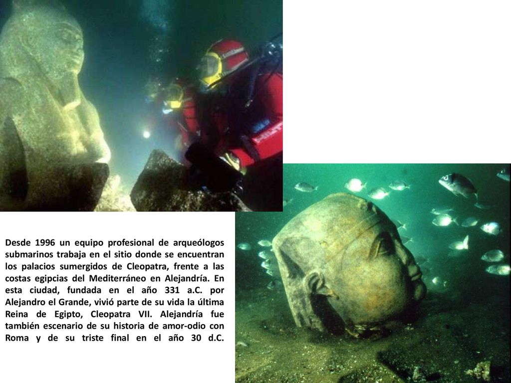 Desde 1996 un equipo profesional de arqueólogos submarinos trabaja en el sitio donde se encuentran los palacios sumergidos de Cleopatra, frente a las costas egipcias del Mediterráneo en Alejandría.