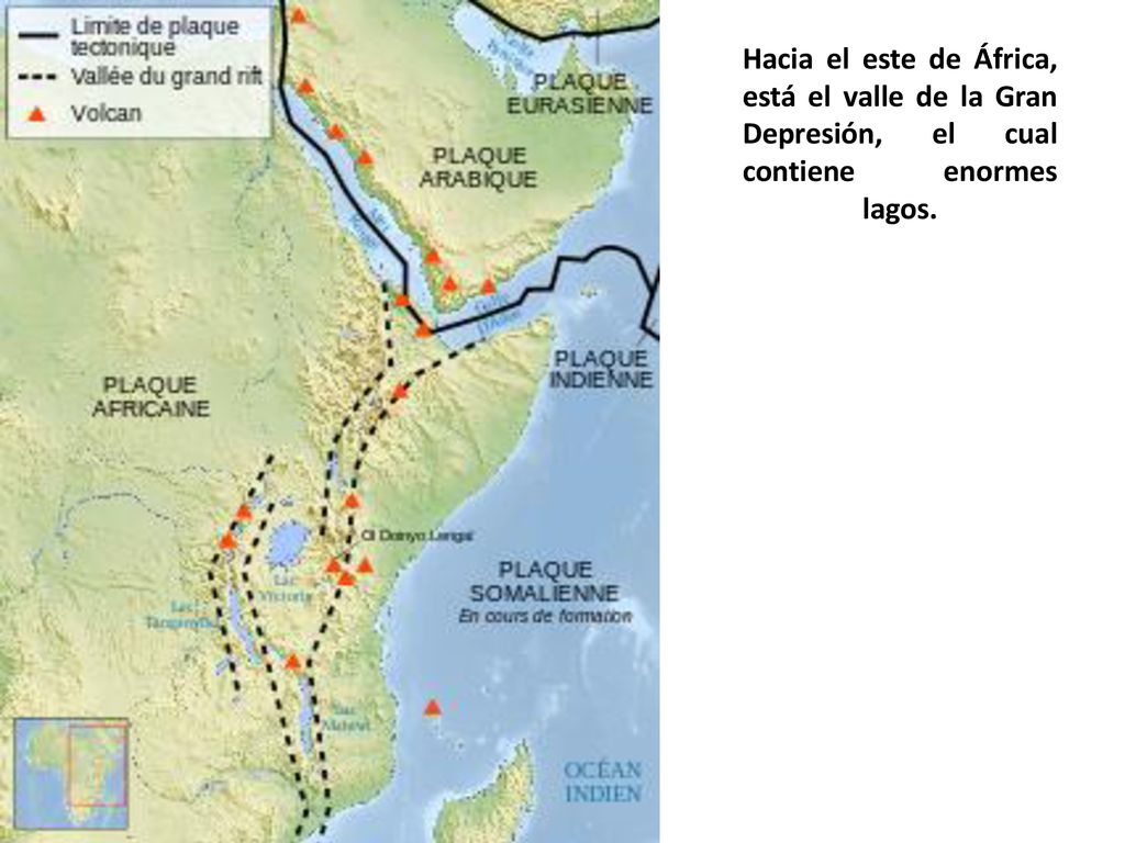 Hacia el este de África, está el valle de la Gran Depresión, el cual contiene enormes lagos.