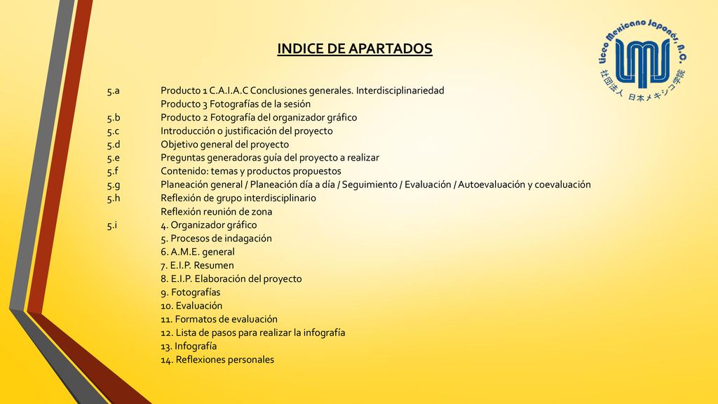 INDICE DE APARTADOS 5.a Producto 1 C.A.I.A.C Conclusiones generales. Interdisciplinariedad. Producto 3 Fotografías de la sesión.