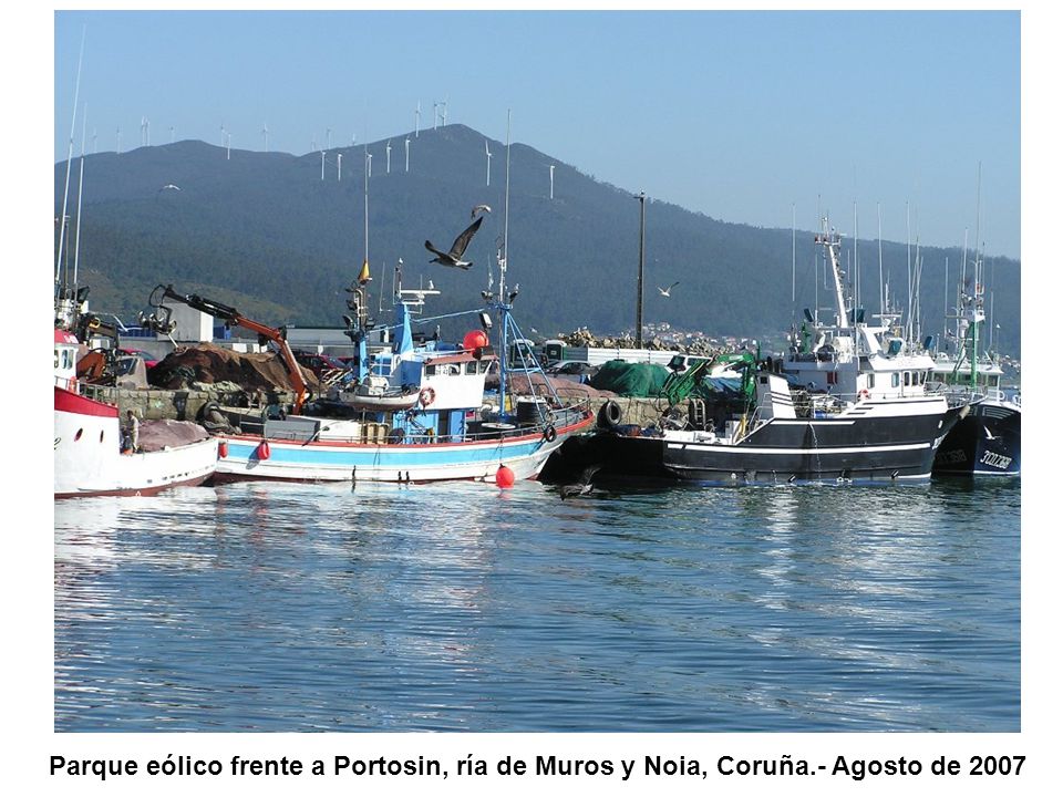Parque eólico frente a Portosin, ría de Muros y Noia, Coruña