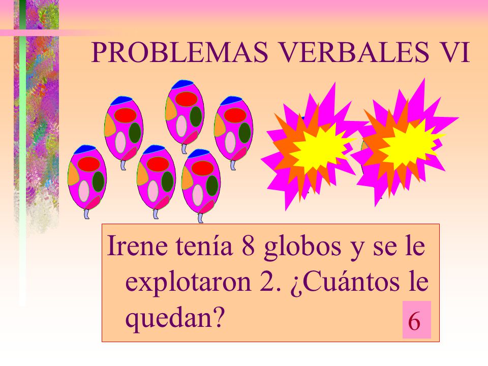 Irene tenía 8 globos y se le explotaron 2. ¿Cuántos le quedan