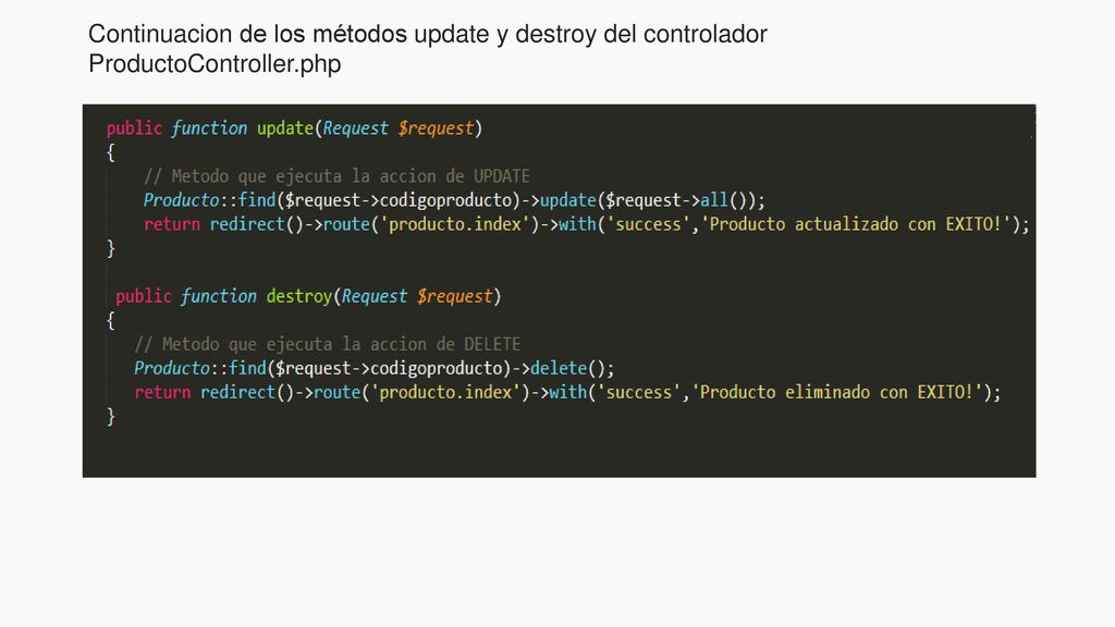 Continuacion de los métodos update y destroy del controlador ProductoController.php