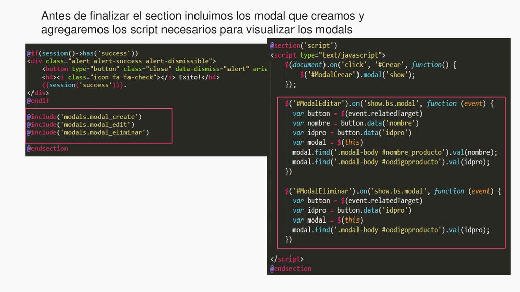 Antes de finalizar el section incluimos los modal que creamos y agregaremos los script necesarios para visualizar los modals