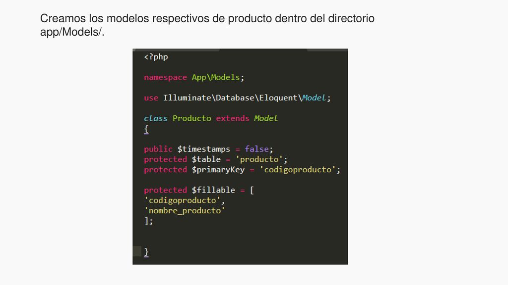 Creamos los modelos respectivos de producto dentro del directorio app/Models/.