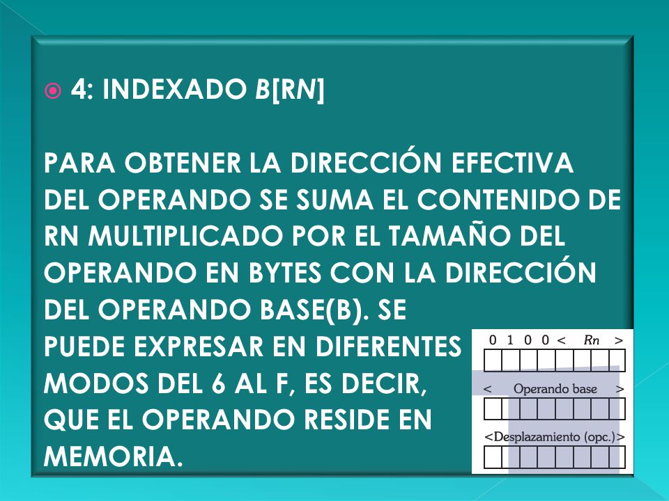 4: INDEXADO B[RN] PARA OBTENER LA DIRECCIÓN EFECTIVA. DEL OPERANDO SE SUMA EL CONTENIDO DE. RN MULTIPLICADO POR EL TAMAÑO DEL.