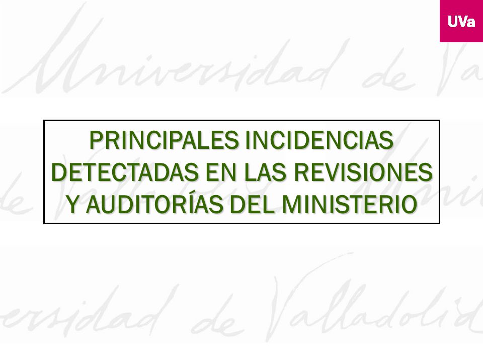 PRINCIPALES INCIDENCIAS DETECTADAS EN LAS REVISIONES Y AUDITORÍAS DEL MINISTERIO