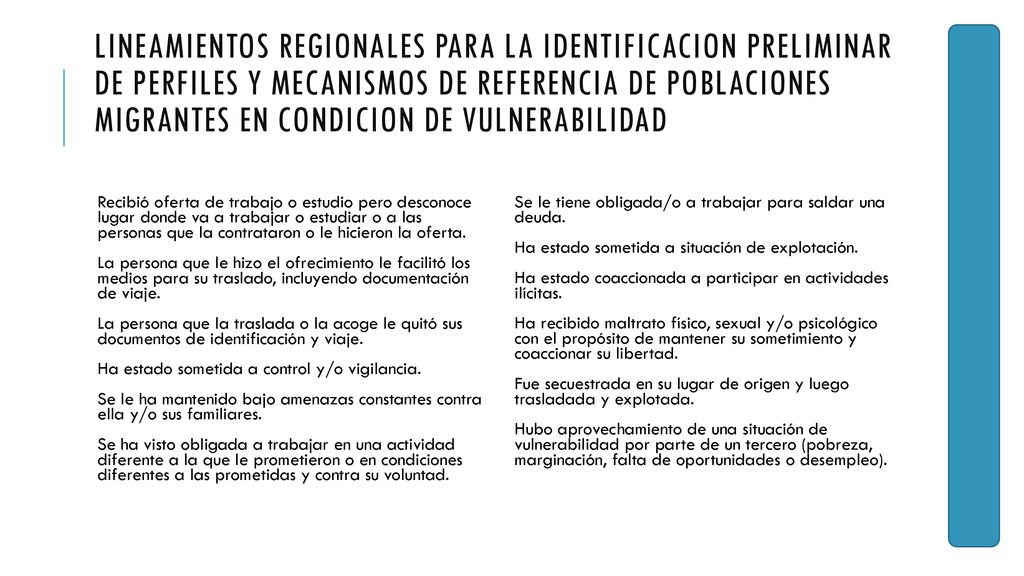 LINEAMIENTOS REGIONALES PARA LA IDENTIFICACION PRELIMINAR DE PERFILES Y MECANISMOS DE REFERENCIA DE POBLACIONES MIGRANTES EN CONDICION DE VULNERABILIDAD