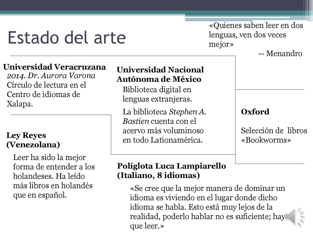 Estado del arte «Quienes saben leer en dos lenguas, ven dos veces mejor» -- Menandro. Universidad Veracruzana.