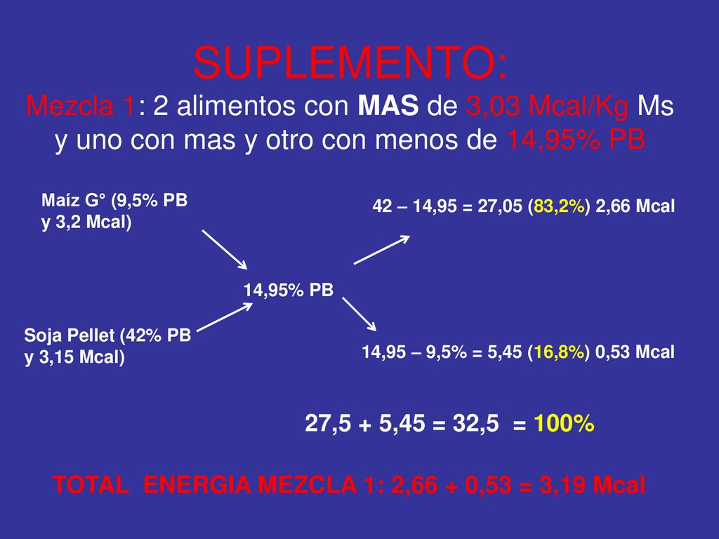 SUPLEMENTO: Mezcla 1: 2 alimentos con MAS de 3,03 Mcal/Kg Ms y uno con mas y otro con menos de 14,95% PB