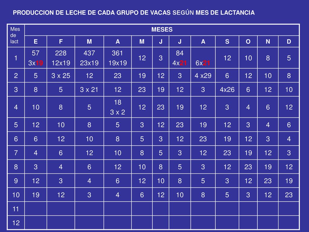 PRODUCCION DE LECHE DE CADA GRUPO DE VACAS SEGÚN MES DE LACTANCIA