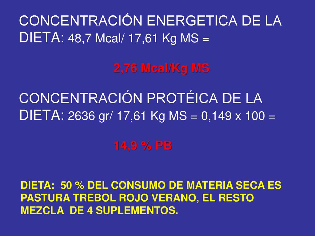 CONCENTRACIÓN ENERGETICA DE LA DIETA: 48,7 Mcal/ 17,61 Kg MS =