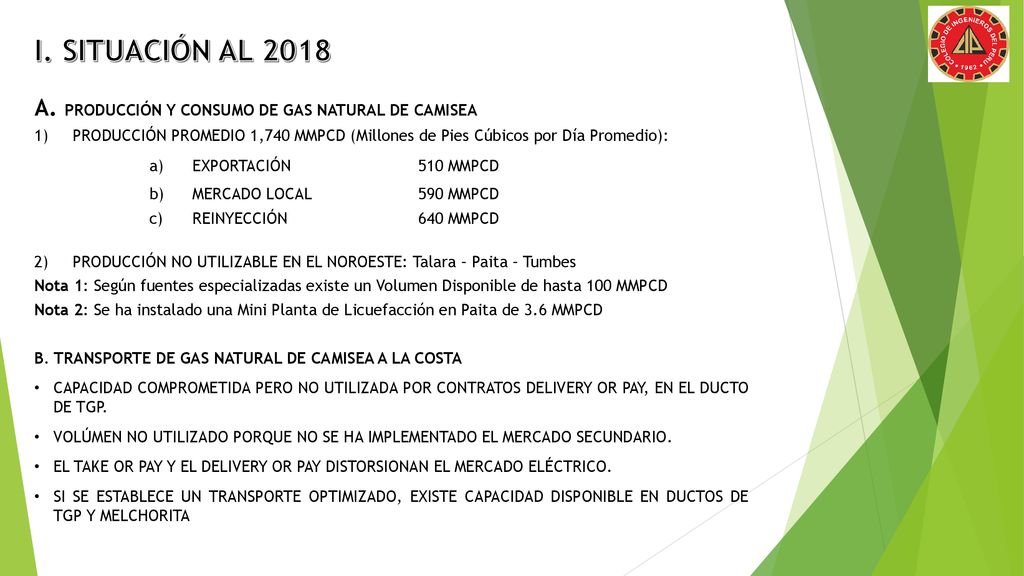 I. SITUACIÓN AL 2018 A. PRODUCCIÓN Y CONSUMO DE GAS NATURAL DE CAMISEA
