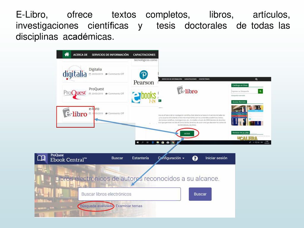 E-Libro, ofrece textos completos, libros, artículos, investigaciones científicas y tesis doctorales de todas las disciplinas académicas.