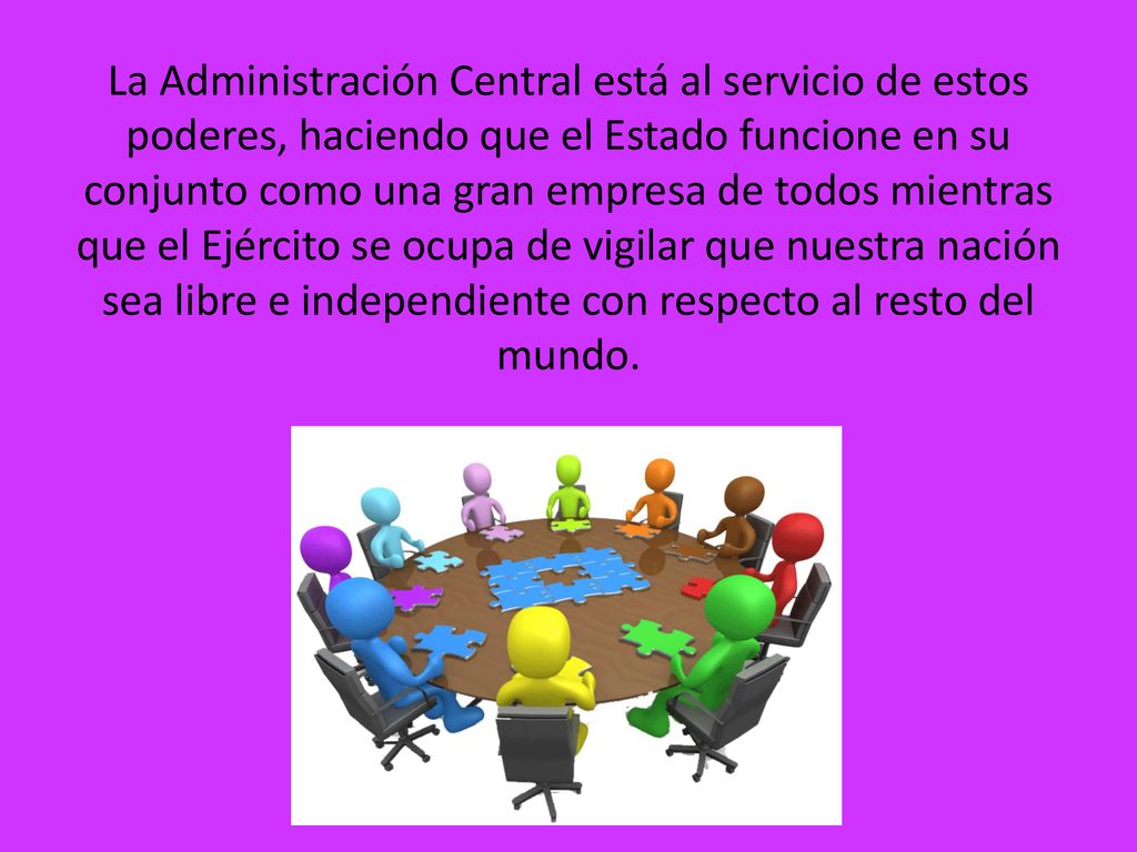 La Administración Central está al servicio de estos poderes, haciendo que el Estado funcione en su conjunto como una gran empresa de todos mientras que el Ejército se ocupa de vigilar que nuestra nación sea libre e independiente con respecto al resto del mundo.