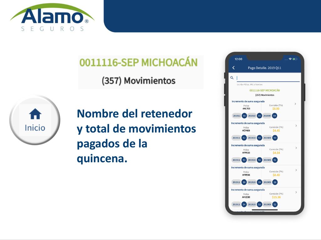 Nombre del retenedor y total de movimientos pagados de la quincena.