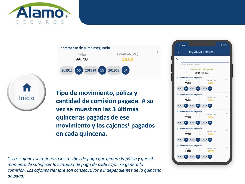 Tipo de movimiento, póliza y cantidad de comisión pagada