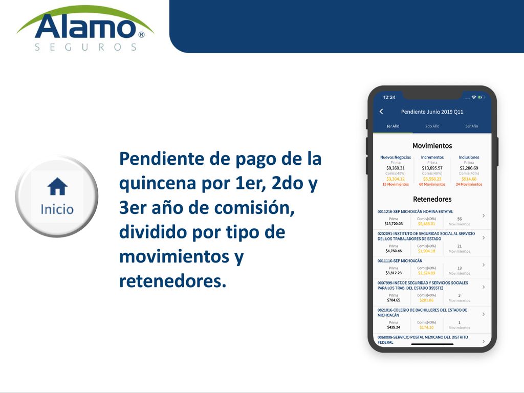 Pendiente de pago de la quincena por 1er, 2do y 3er año de comisión, dividido por tipo de movimientos y retenedores.