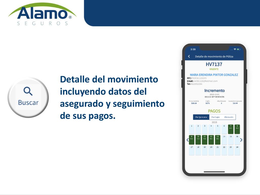 Detalle del movimiento incluyendo datos del asegurado y seguimiento de sus pagos.