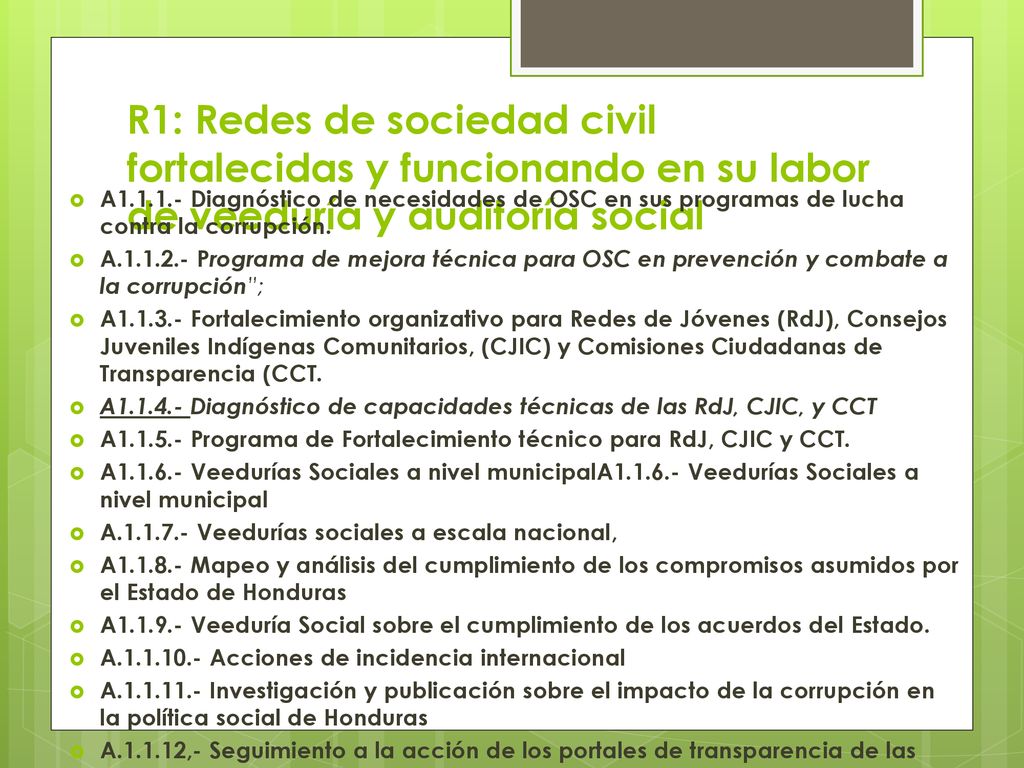 R1: Redes de sociedad civil fortalecidas y funcionando en su labor de veeduría y auditoría social