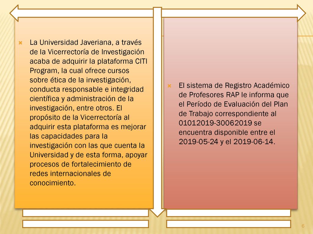 La Universidad Javeriana, a través de la Vicerrectoría de Investigación acaba de adquirir la plataforma CITI Program, la cual ofrece cursos sobre ética de la investigación, conducta responsable e integridad científica y administración de la investigación, entre otros. El propósito de la Vicerrectoría al adquirir esta plataforma es mejorar las capacidades para la investigación con las que cuenta la Universidad y de esta forma, apoyar procesos de fortalecimiento de redes internacionales de conocimiento.